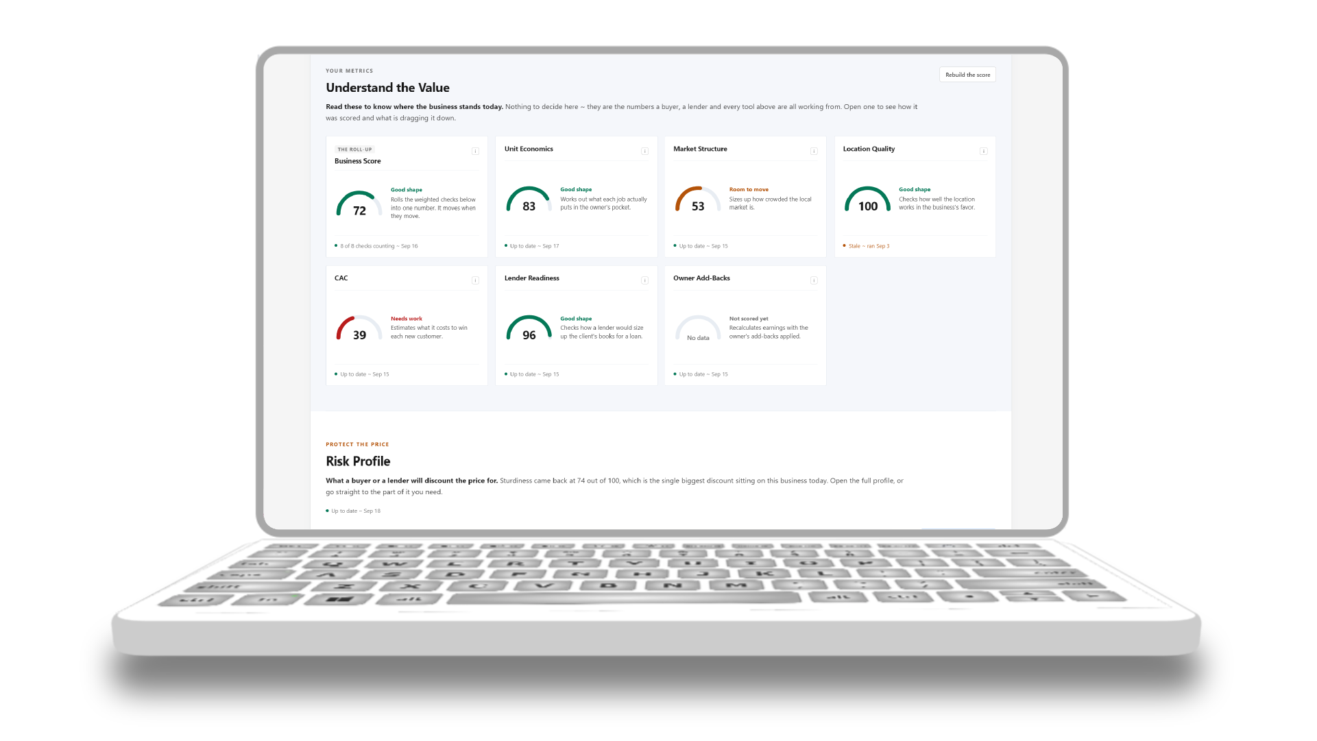 Metrics and risk for one client, scored and on a single screen